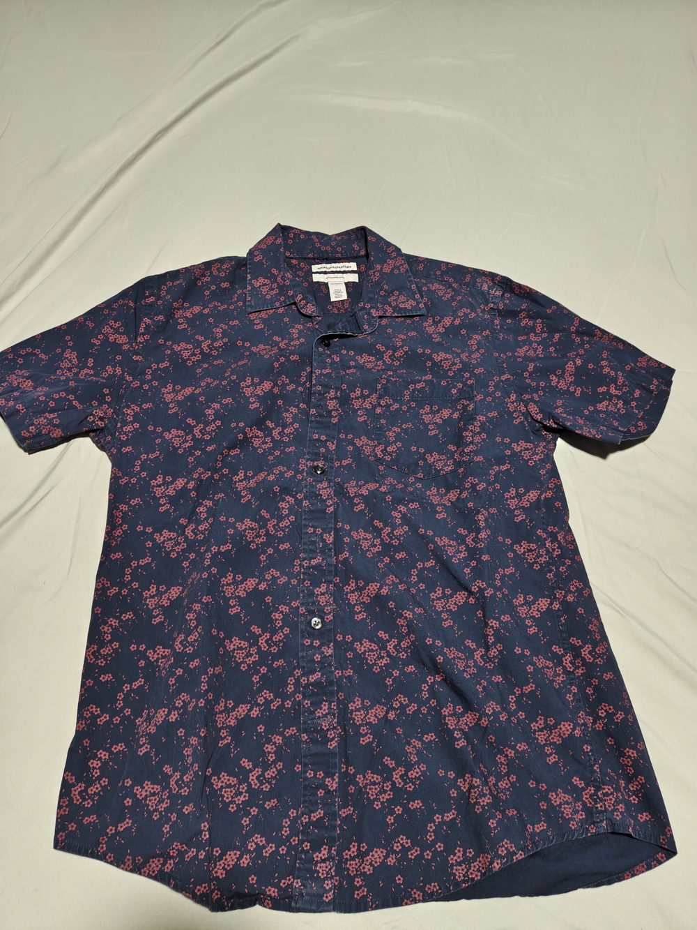 Men's Navy Short-Sleeve Button-Down Shirt with Pink Floral Print